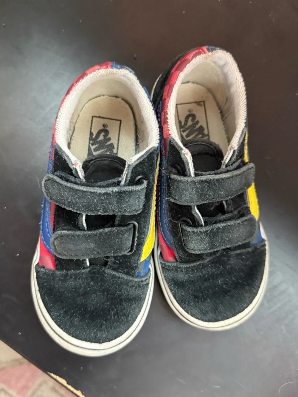 Vans Kids Red Checkered Sneakers with Blue Stripe - Size 8.5